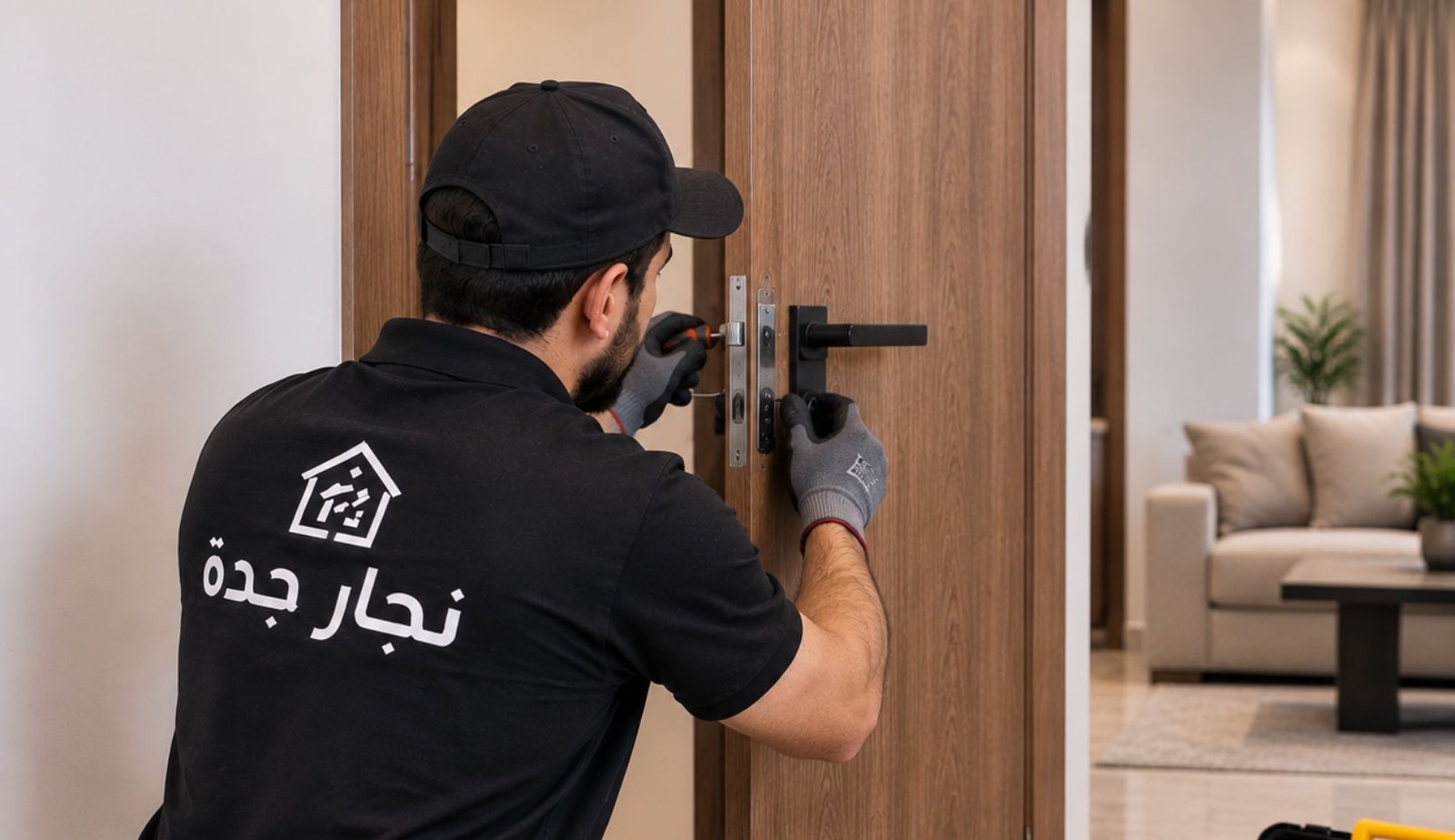 فني نجارة يقوم بصيانة وتركيب قفل باب خشبي داخل منزل حديث باستخدام أدوات النجارة والصيانة.
