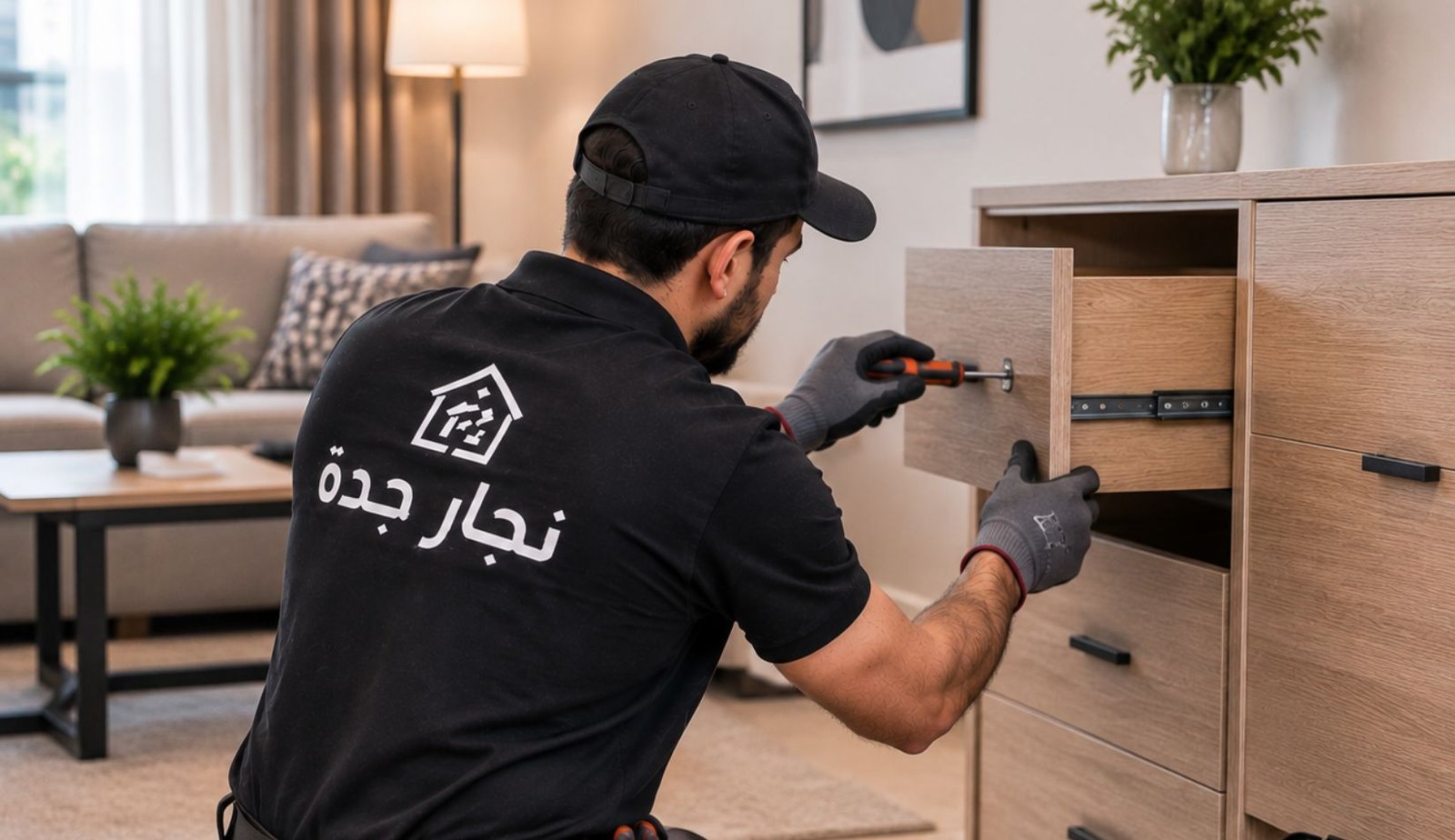 فني نجارة يقوم بإصلاح وصيانة درج خزانة خشبية داخل منزل حديث باستخدام أدوات النجارة والتركيب.