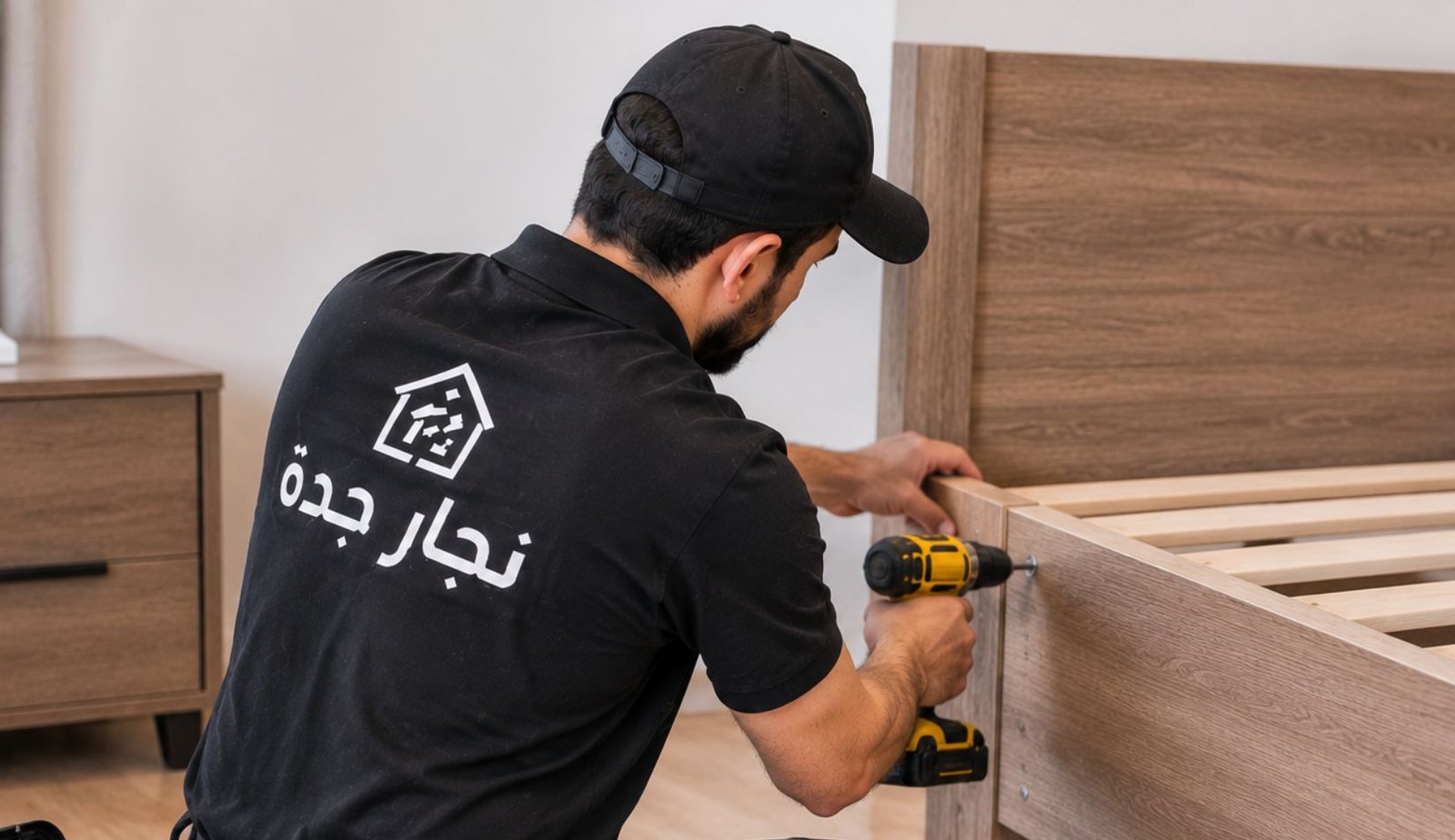 فني نجارة يقوم بتركيب سرير خشبي وأثاث منزلي باستخدام أدوات الفك والتركيب داخل غرفة نوم حديثة.